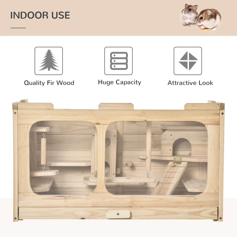 PawHut Large Wooden Hamster Cage Pet Small Animal Kit Activity Center Play House for Indoor 78 x 40 x 44 cm, Natural