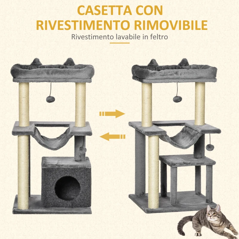 PawHut Albero Tiragraffi con Corde Sisal, Casetta e Amaca, Rivestimento Peluche e Feltro, Altezza 100cm, Grigio