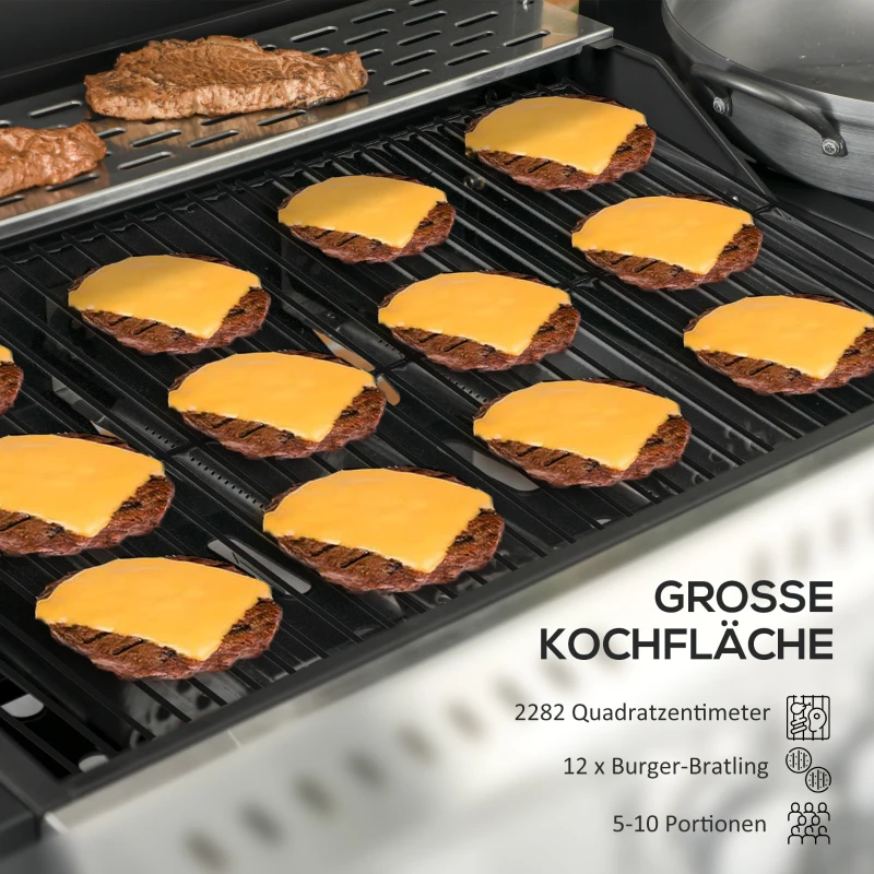 Outsunny Gasgrill, BBQ-grill, 4 hoofbranders, 1 zijbrander, 1 warmhoudplaat; 123 x 52 x 101cm, Zwart