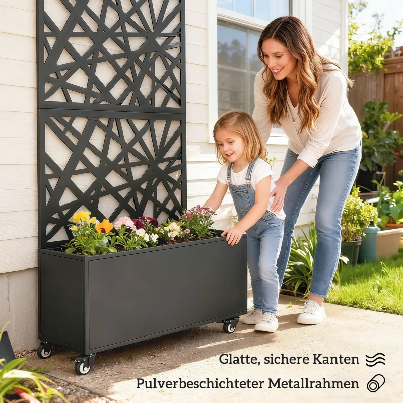 Outsunny Plantenbak met zichtscherm plantenbak met wielen klimrek 90 x 30 x 160 cm metaal Zwart