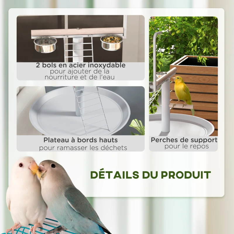 PawHut Mangeoire à oiseaux sur pied avec 4 roulettes perchoir 2 bols amovibles plateau rond acier inoxydable Ø 60 x 138H cm blanc