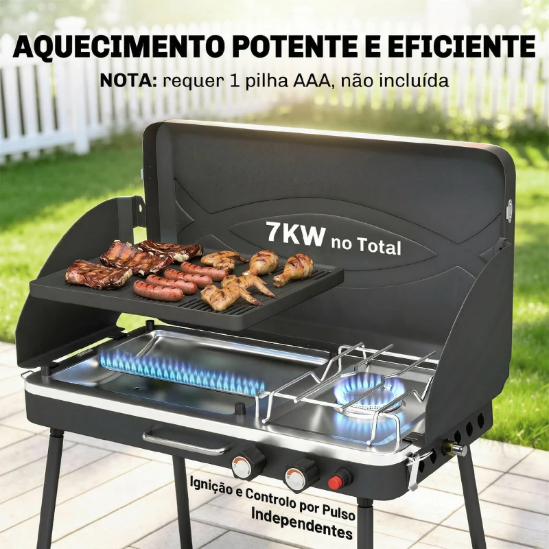 Outsunny Grelhador a Gás Portátil 2 em 1 Propano 7 kW de Mesa ou de Pé com Chapa Grande Pés Removíveis Preto