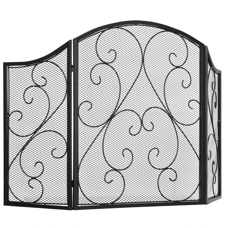 HOMCOM Parascintille Camino a 3 Pannelli in Metallo con Design Pieghevole, 66x31x81 cm, Nero