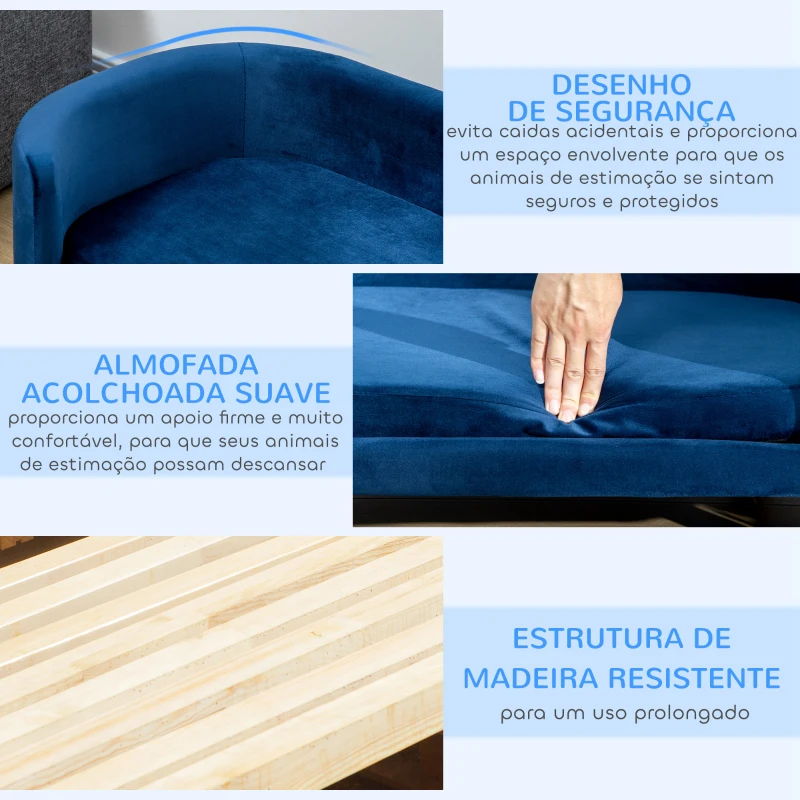 PawHut Sofá para Cães Pequenos com Pés de Madeira Almofada Removível e Capa Lavável  86x55x33 cm Azul