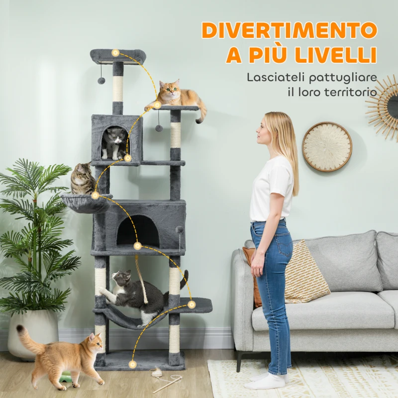 PawHut Albero Tiragraffi per Gatti Alto 202 cm con 6 Pali in Sisal, 2 Casette, 2 Amache e Lettino, Grigio