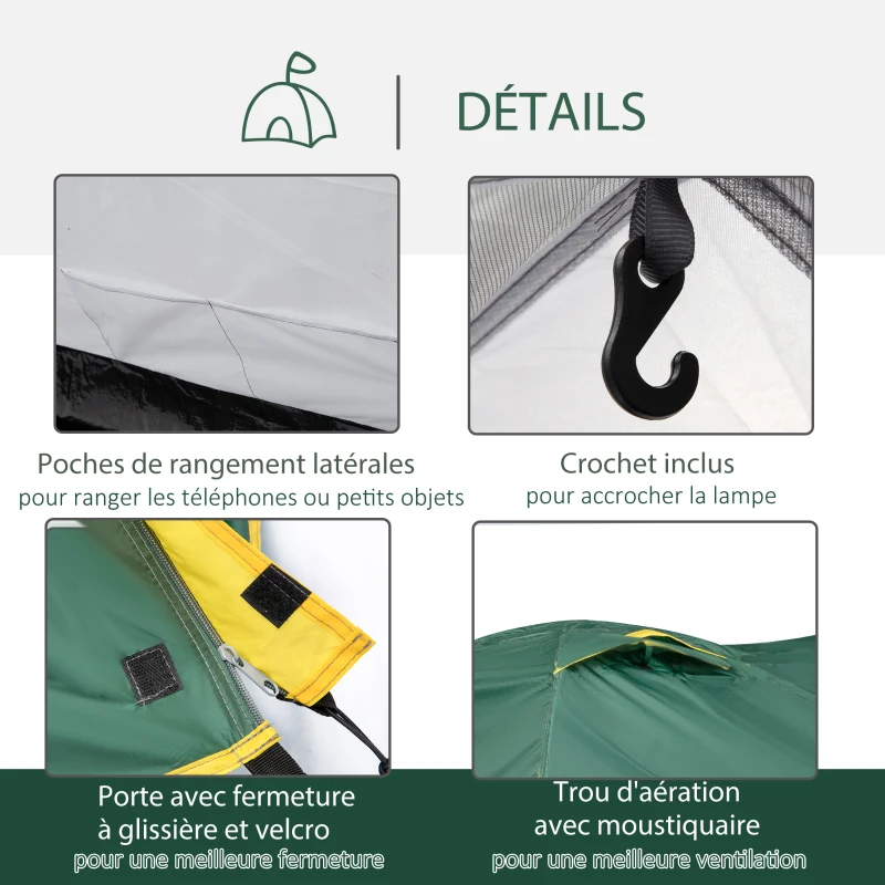 Outsunny Tente de camping 2-3 personnes tente dôme étanche légère ventilée facile à monter 2 portes fenêtres dim. 3,25L x 1,83l x 1,3H m fibre verre polyester PE vert