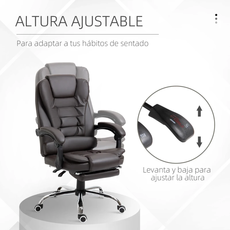 HOMCOM Silla de Escritorio con Reposapiés Silla Ejecutiva Giratoria con Altura Ajustable Tapizada en PU y Reposabrazos Café