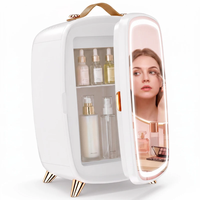 HOMCOM Skincare Refrigerator, 6L Mini Cosmetic Fridge with LED Mirror, Cooling Function for Bedroom, Skincare, Office, White