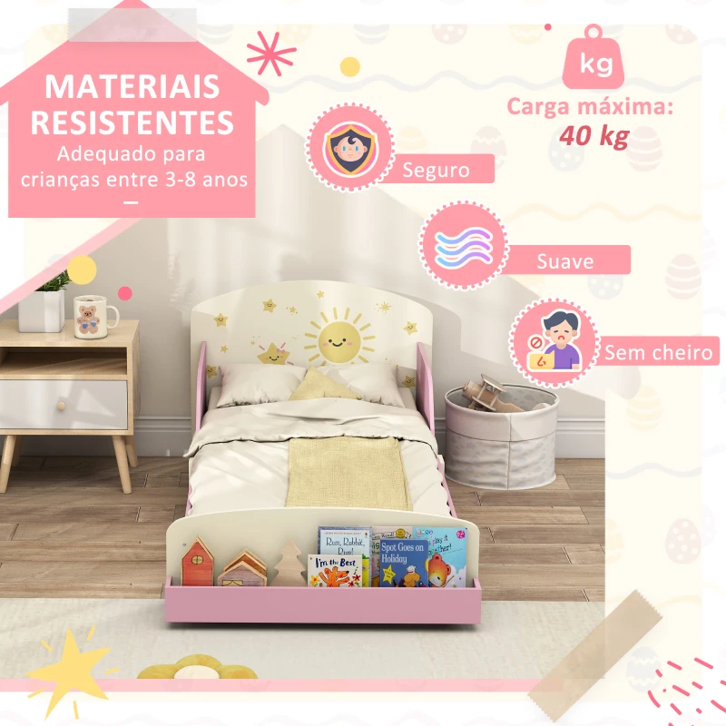 AIYAPLAY Cama Infantil para Crianças +3 Anos 70x140 cm em Madeira com Armazenamento e Desenhos de Estrelas para Dormitório Rosa