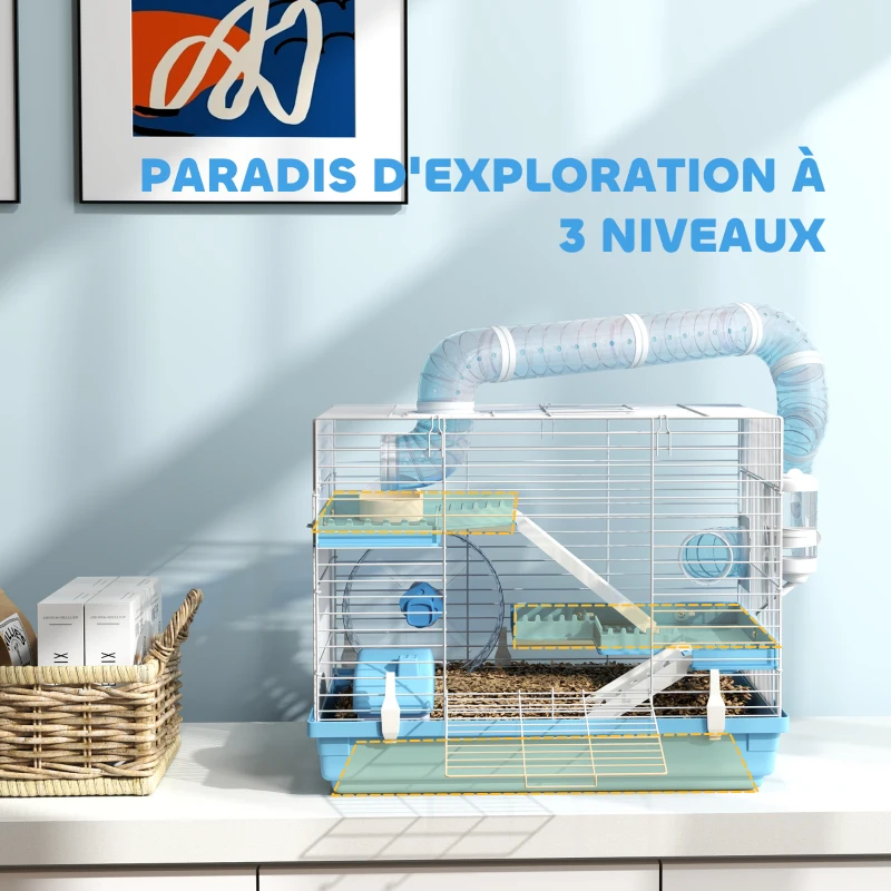 PawHut Cage pour hamster portable avec cabane, roue de course, gamelle, bouteille d'eau, 47,5 x 31,5 x 29,5 cm, bleu clair