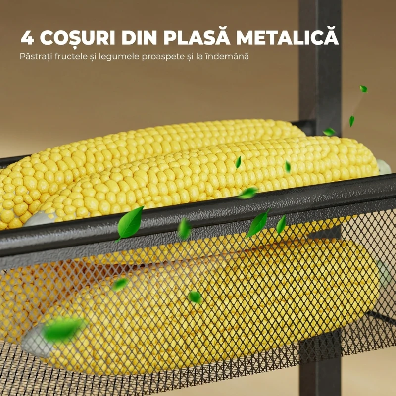 HOMCOM Cărucior de bucătărie cu 4 roți, cărucior de depozitare cu roți, blat cu aspect de lemn, structură metalică, 47x13x96,5 cm, negru