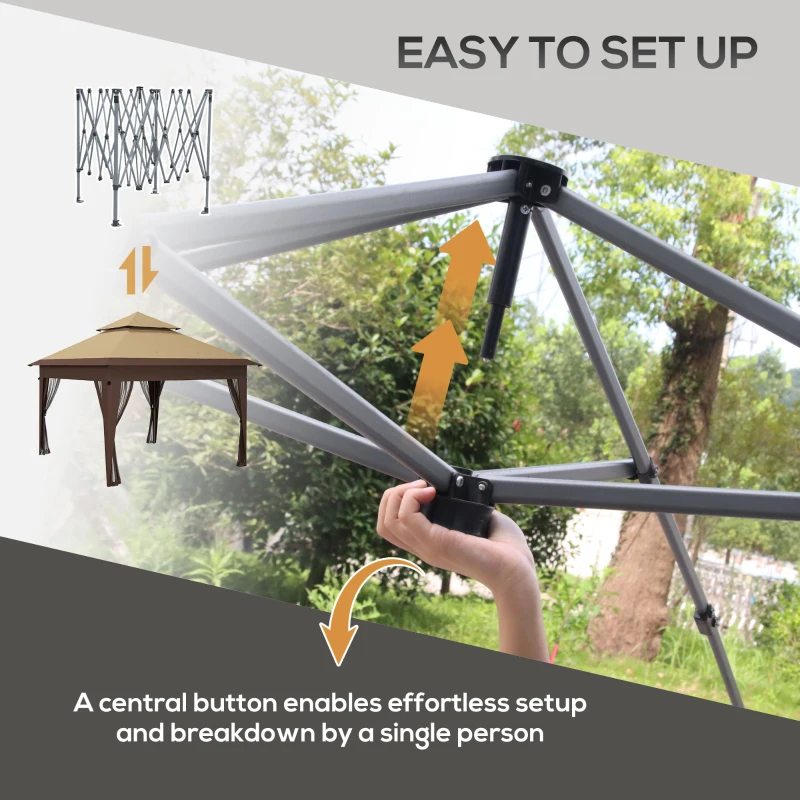 Outsunny 3 x 3(m) Pop Up Gazebo with Mosquito Netting, Easy Setup Marquee Party Tent with 1-Button Push, Double Roof, Carry Bag, Sandbags, Height Adjustable Instant Shelter, Khaki
