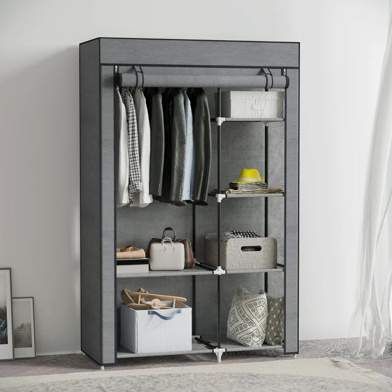 HOMCOM Stoffen Kast, Opbergoplossing, 6 Planken, 1 Kledingstang, Donkergrijs