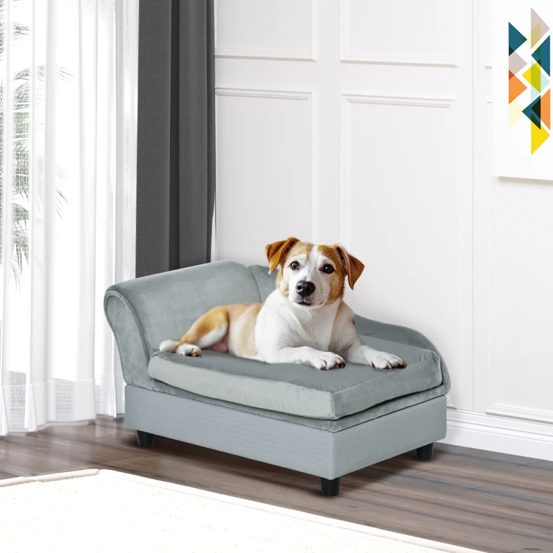 PawHut Divano per Cani con Spazio Portaoggetti e Cuscino, in Legno e Poliestere, 76x45x43 cm, Grigio Chiaro