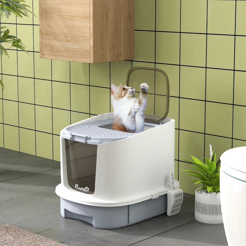 PawHut Caixa de Areia para Gatos Fechada com Entrada Frontal Saída Superior Tampa Amovível Bandeja e Pá 40,5x52,5x42,5 cm Branco e Cinza