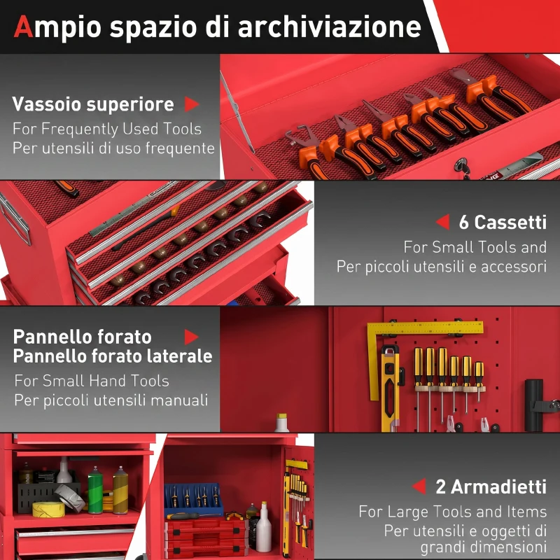 HOMCOM Carrello Porta Attrezzi in Acciaio con Serratura, 6 Cassetti, 2 Armadi, Pannello Forato, Ruote e Maniglia, Rosso
