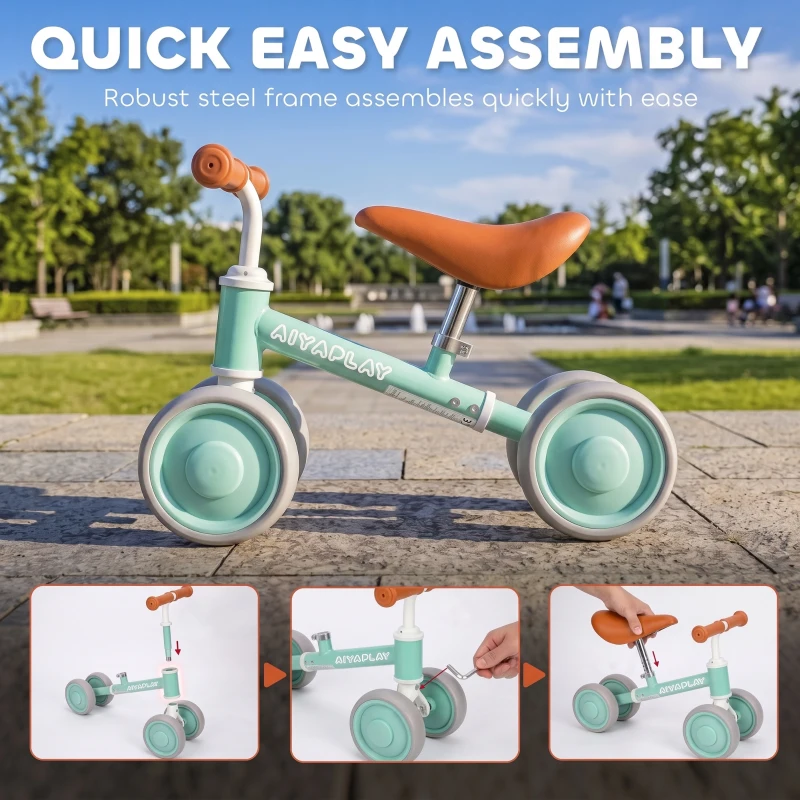AIYAPLAY Baby Balance Bike for 1-2 Years Old, Light-up Toddler Balance Bike with Adjustable Seat, 4 Silent EVA Wheels, Green