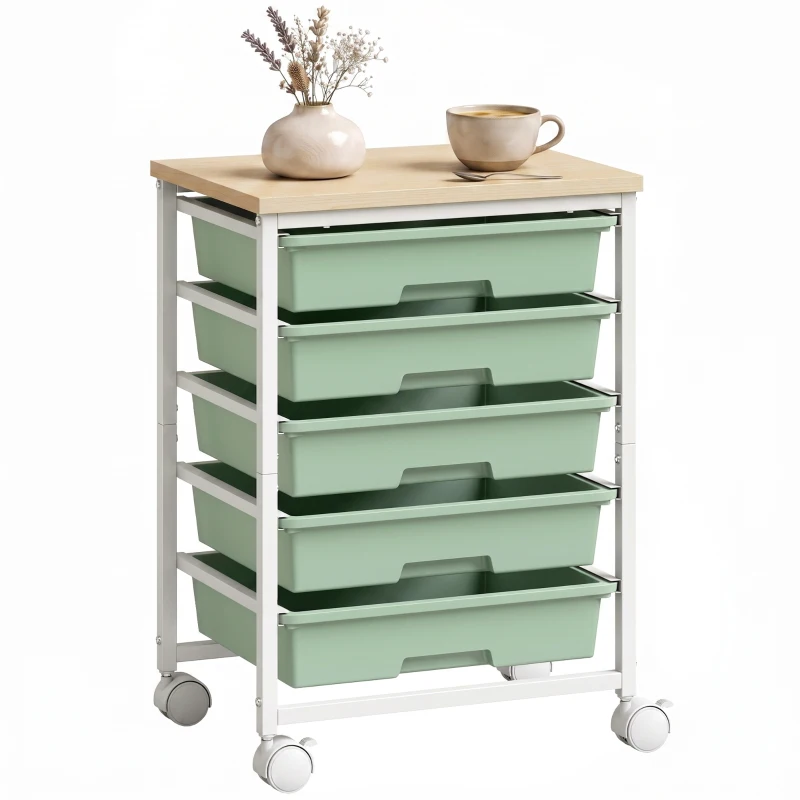 HOMCOM 6-Tier Storage Trolley on Wheels, Metal Kitchen Rolling Cart with 5 Pull-Out Drawers, Green