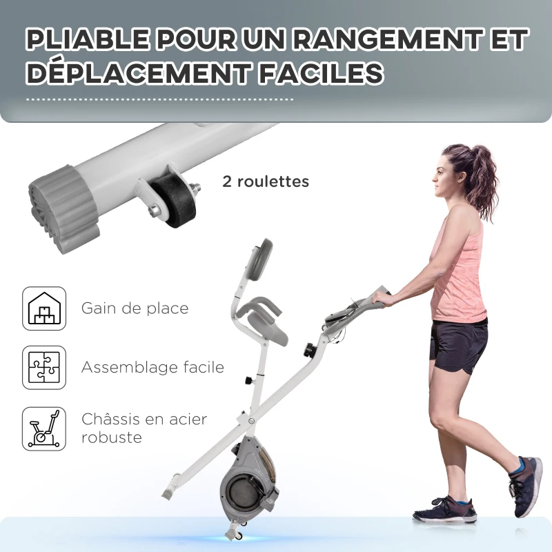 HOMCOM Vélo d'appartement magnetique pliable vélo de fitness vélo d'intérieurgrand confort dossier selle réglable poignées écran LCD multifonction support tablette acier blanc gris