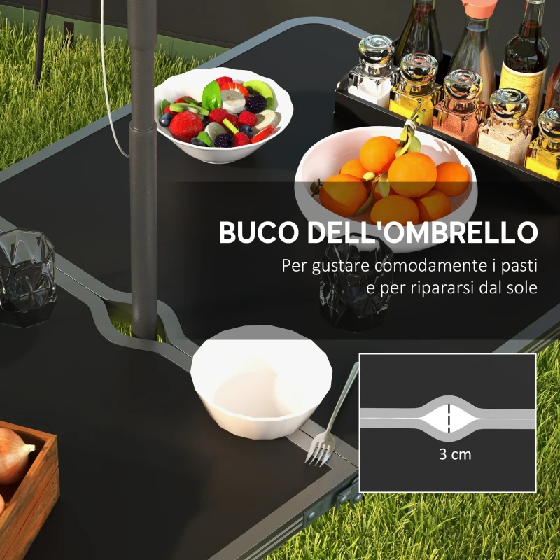 Outsunny Set Tavolo da Campeggio Pieghevole e Regolabile con 4 Sgabelli e Foro per Ombrellone, in Alluminio e Legno, Nero