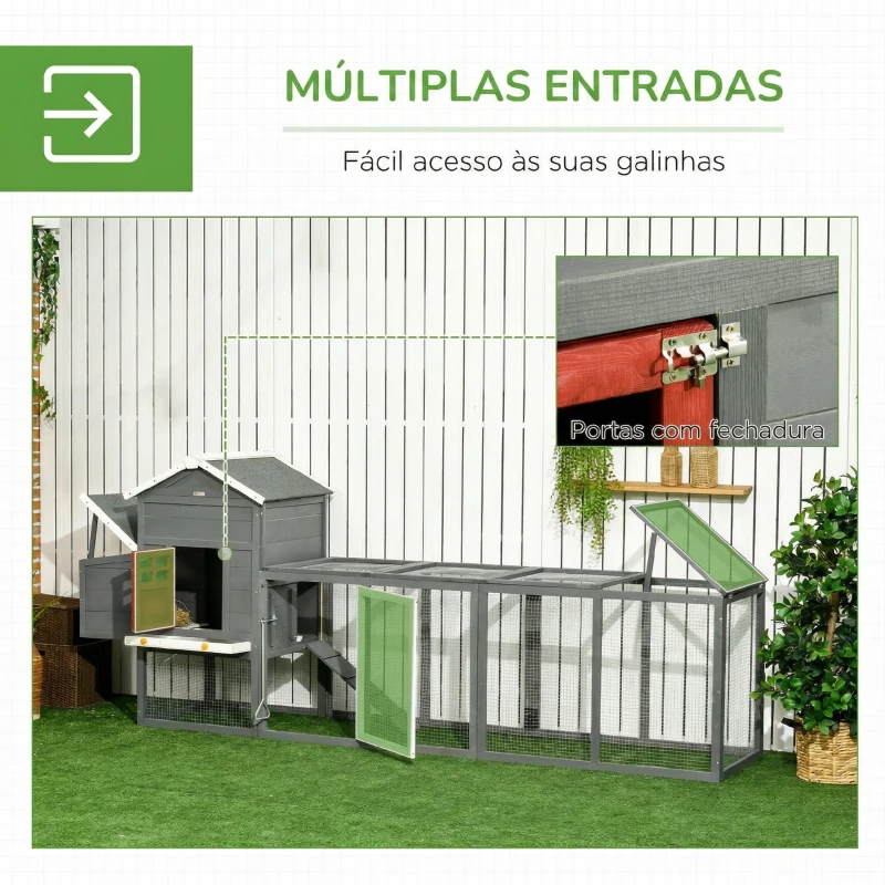 PawHut Galinheiro Grande de Madeira 300x66x116 cm com Ninho, Corredor Bandeja Removível Telhado Asfáltico Rampa 297,5x68x118 cm Branco e Cinza