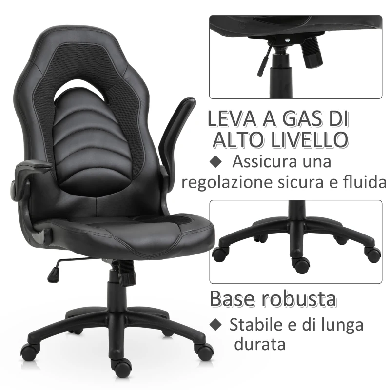 Vinsetto Poltrona Gaming o da Ufficio in Similpelle Nera, Braccioli Pieghevoli Schienale e Altezza Regolabile 117-127Acm