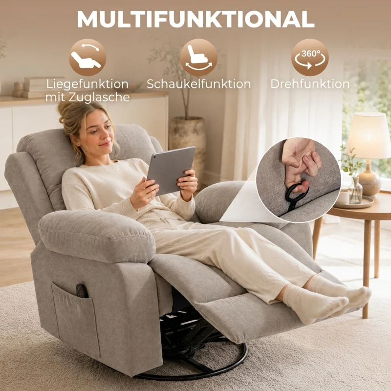 HOMCOM Massage-relaxfauteuil met warmte en vibratiemassage, verlengde voetensteun, draaifunctie, chenille, beige