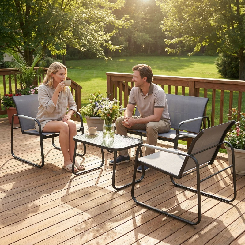 Outsunny Conjunto de Jardim Exterior com 1 Sofá de 2 Lugares 2 Poltronas e Mesa com Tampo de Vidro Temperado Textilene Respirável Cinzento