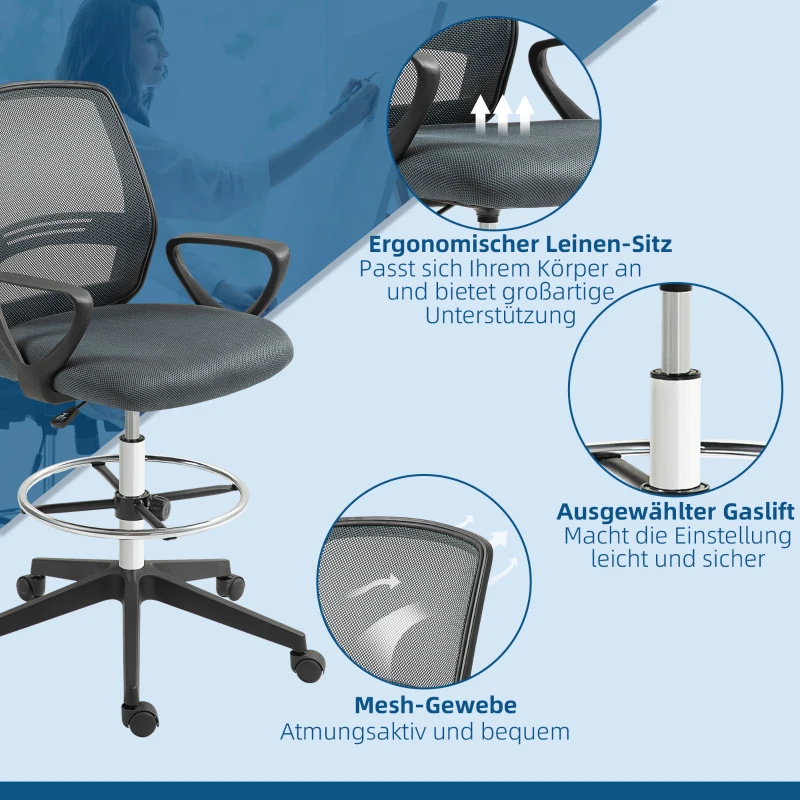 Vinsetto Ergonomische Bureaustoel met Armleuningen en Verstelbare Voetensteun, Mesh Bekleding Grijs
