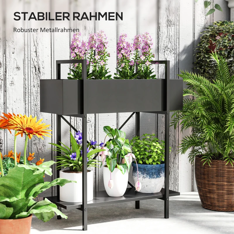 Outsunny Plantenstandaard met 2 lagen, afvoergaten, voor binnen en buiten, Metaal, Zwart
