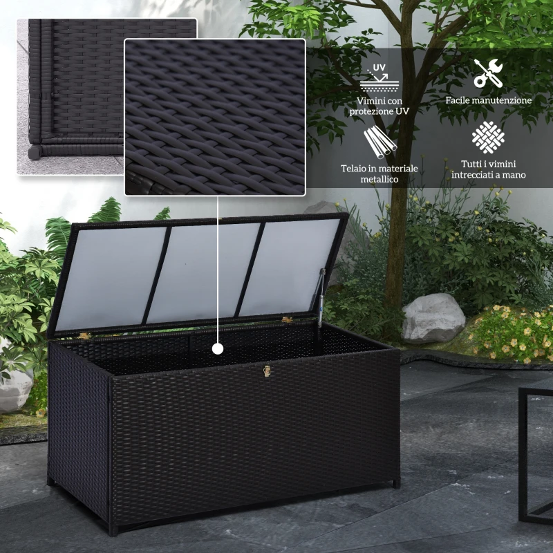 Outsunny Baule da Esterno da 284L con Pistone a Gas, Rattan PE e Acciaio, 118x54x59 cm, Marrone Scuro