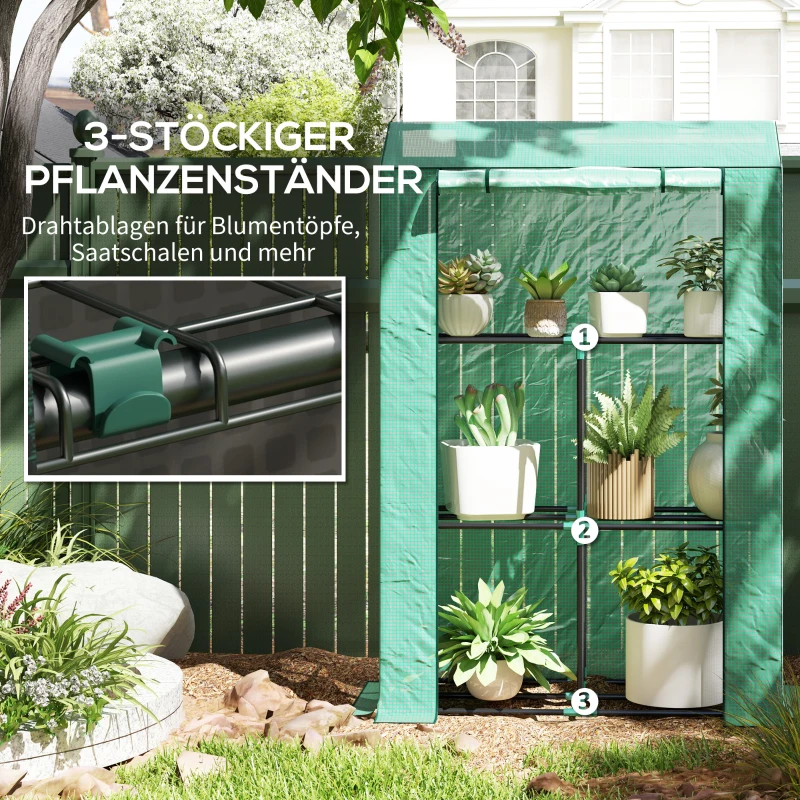 Outsunny Kas met 3-laags Schap, UV-resistente Plastic Afdekking, Oprolbare Deur, 100 x 40 x 150 cm, Groen