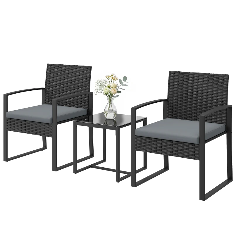 Outsunny Conjunto de Móveis de Exterior de 3 Peças em Vime PE com Cadeiras Mesa de Vidro Temperado e Almofadas Cinza Claro