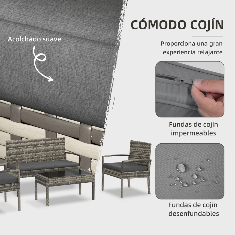 Outsunny Juego de 4 Piezas Muebles de Jardín con 2 Sillones 1 Sofá de 2 Plazas y 1 Mesa de Centro de Tablero de Vidrio Gris