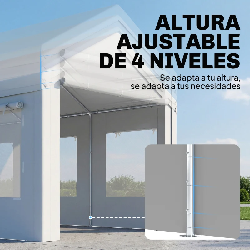 Outsunny Garaje Exterior para Coche 3x6 m Impermeable de PE Resistente Marco de Acero Galvanizado Altura Ajustable Blanco
