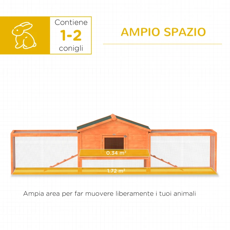 PawHut Conigliera da Esterno con Casetta, Rampe e 2 Recinti in Legno, 309x69.5x87cm, Arancione