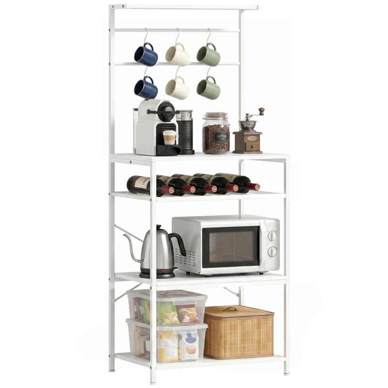 HOMCOM Freestanding Shelving Unit, Industrial Storage Shelf with 6 Hooks and Wine Rack for Living Room, Home Office, White