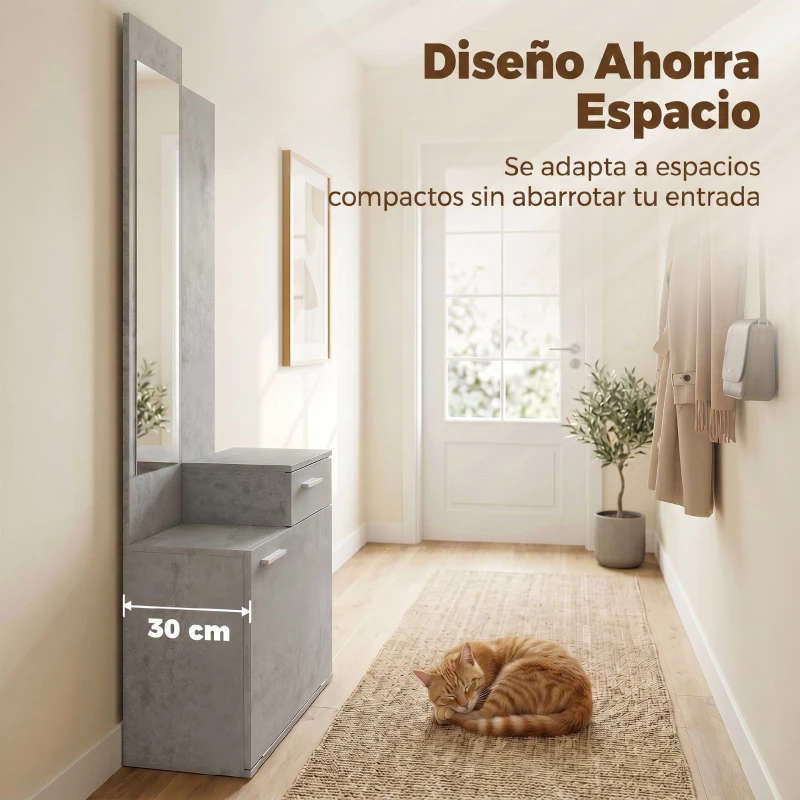 HOMCOM Recibidor de Entrada con Espejo Zapatero Abatible Cajón Mesa Pequeña 61x30x170 cm Gris
