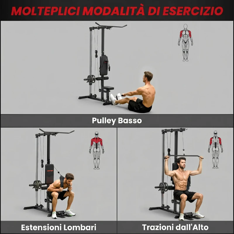 SPORTNOW Stazione Fitness Multifunzione con Lat Machine, Sedile Regolabile e Supporto per Dischi, Nero