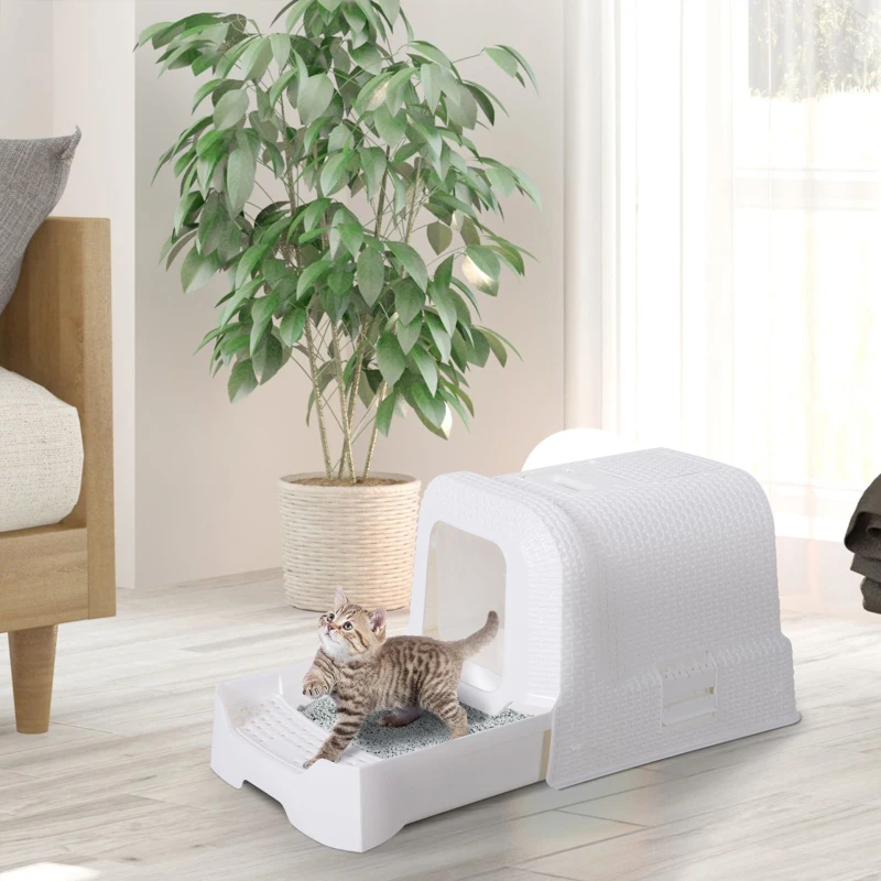 PawHut Maison de toilette pour chat tiroir à litière coulissant porte battante filtre odeur + pelle fournis 54L x 42l x 41H cm blanc