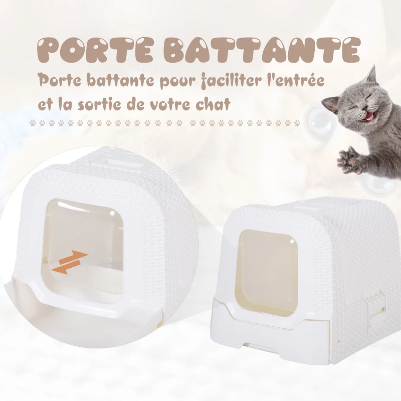PawHut Maison de toilette pour chat tiroir à litière coulissant porte battante filtre odeur + pelle fournis 54L x 42l x 41H cm blanc