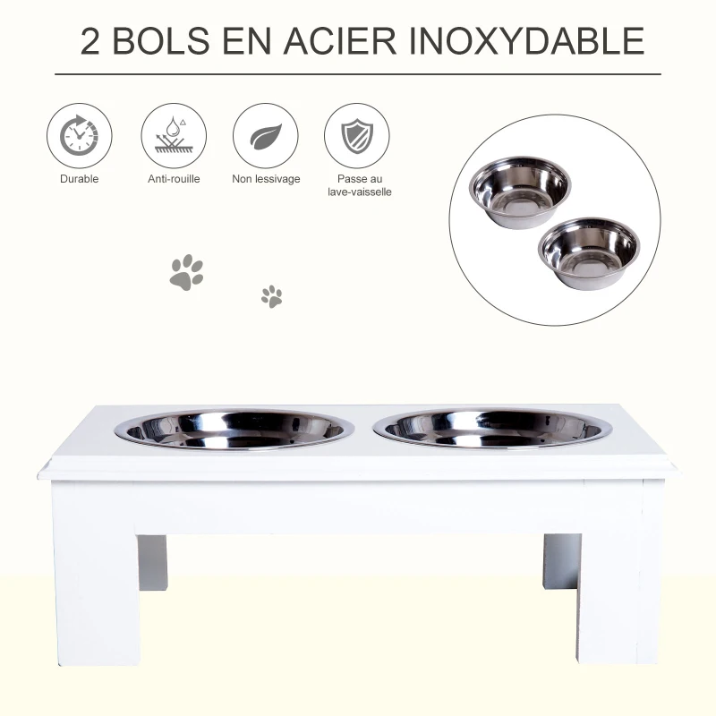 PawHut Gamelles chiens surélevées gamelle double chien chat Porte-gamelles surélevé dim. 44L x 24l x 15H cm 2 gamelles 0,9L acier inox. incluses bois blanc