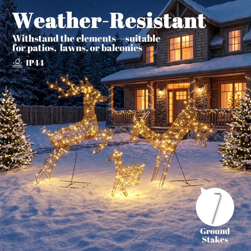 Outsunny 3-Piece Light Up Deer Family Set of 3, Lighted Reindeer Christmas Decorations Outdoor with 200 LED Lights, Brown