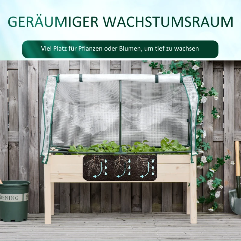 Outsunny Verhoogd Bed, Oprolbare Folieafdekking, Natuurlijk Houten Frame, Stofvoering, Afvoeropeningen, 121 x 55 x 117cm