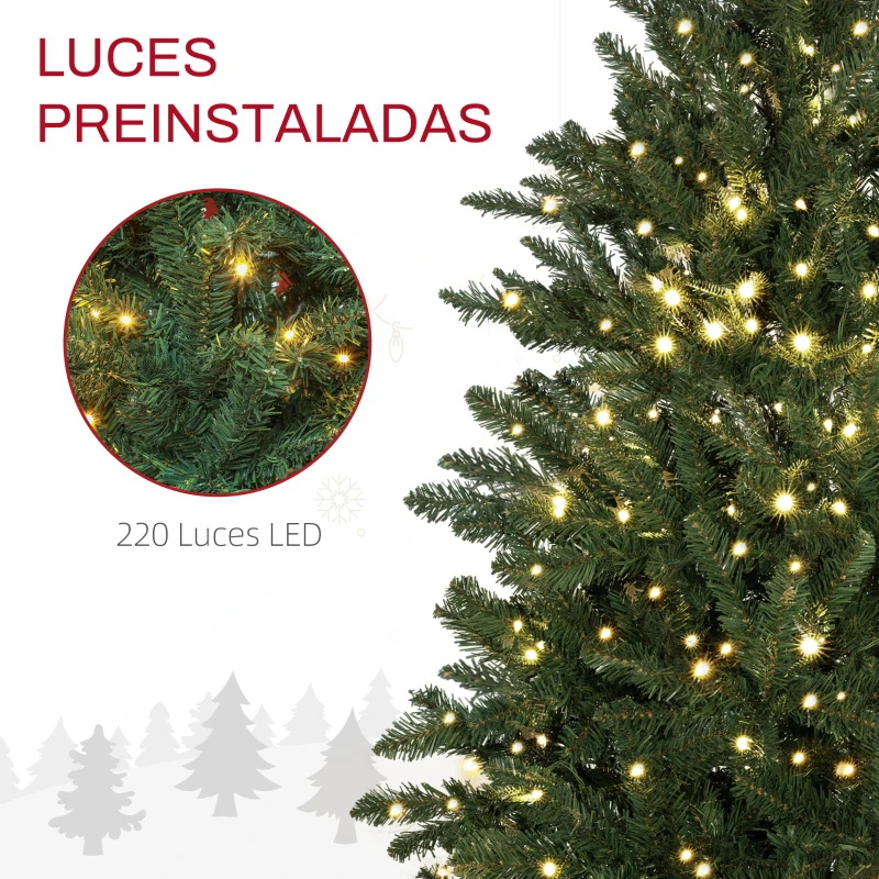 HOMCOM Árbol de Navidad Artificial 150 cm con 220 Luces LED 588 Ramas y Patas de Metal Árbol Navideño para Interior Verde
