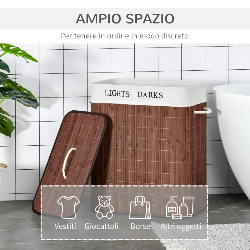HOMCOM Cesto per Biancheria Bambù da 100L con 2 Scomparti, Coperchio e Maniglie, 52x32x63cm