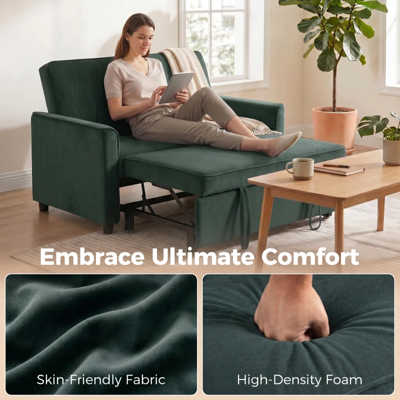 HOMCOM 2 Seater Sofa Bed, 3-in-1 Convertible Pull Out Sleeper Sofa with Click-Clack Adjustable Backrest, Dark Green