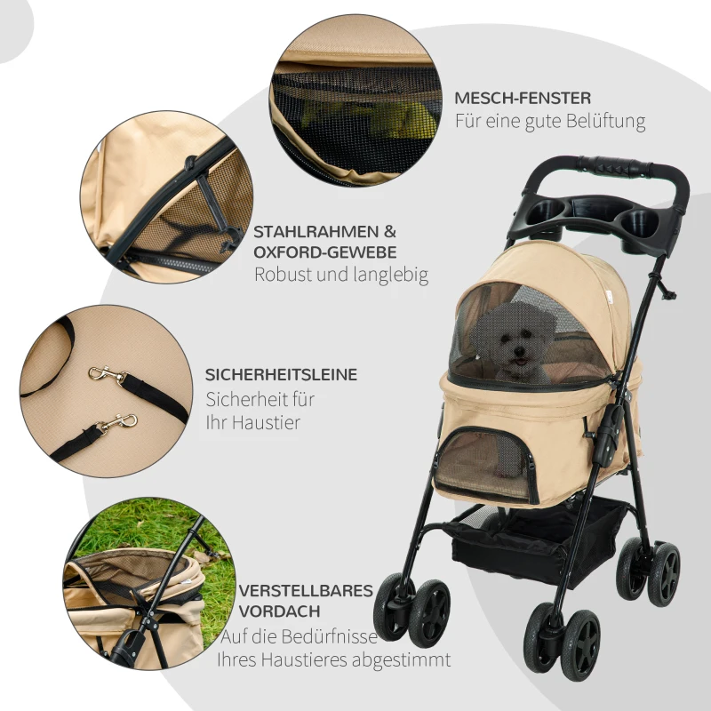 PawHut Hondenbuggy, Opvouwbaar, 2 Veiligheidslijnen, 2 Bekerhouders, 67 x 45 x 96 cm, Khaki