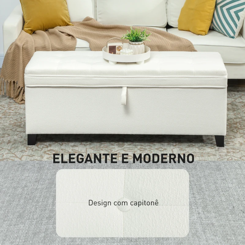 HOMCOM Banco de Armazenamento com 2 Dobradiças de Segurança Tampa Rebatível para Sala de Estar Quarto 120x40x48 cm Creme