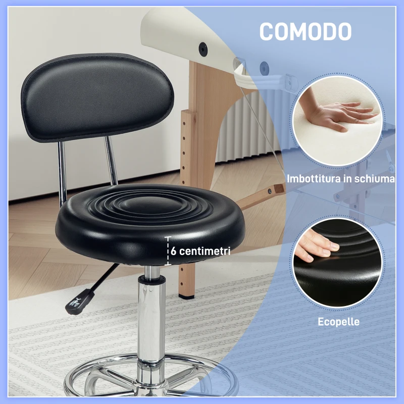 HOMCOM Sgabello Regolabile Girevole a 360° con Schienale, Ruote e Poggiapiedi, in Acciaio, Finta pelle e Schiuma, Nero
